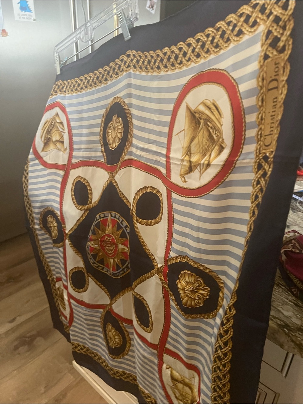 Dior Silk Scarf in Navy, Gold & Red Nautical Motif